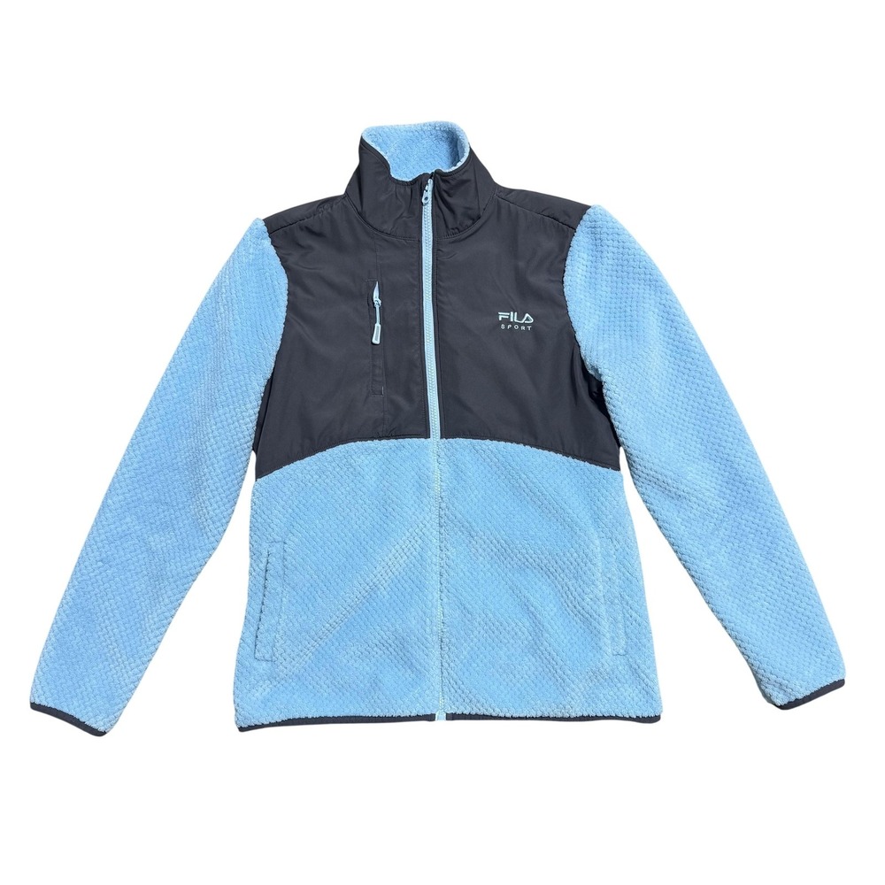 Fila Sport Jacket‎ Womens Medium Blue Black Fleece Colorblock Full Zip Pockets